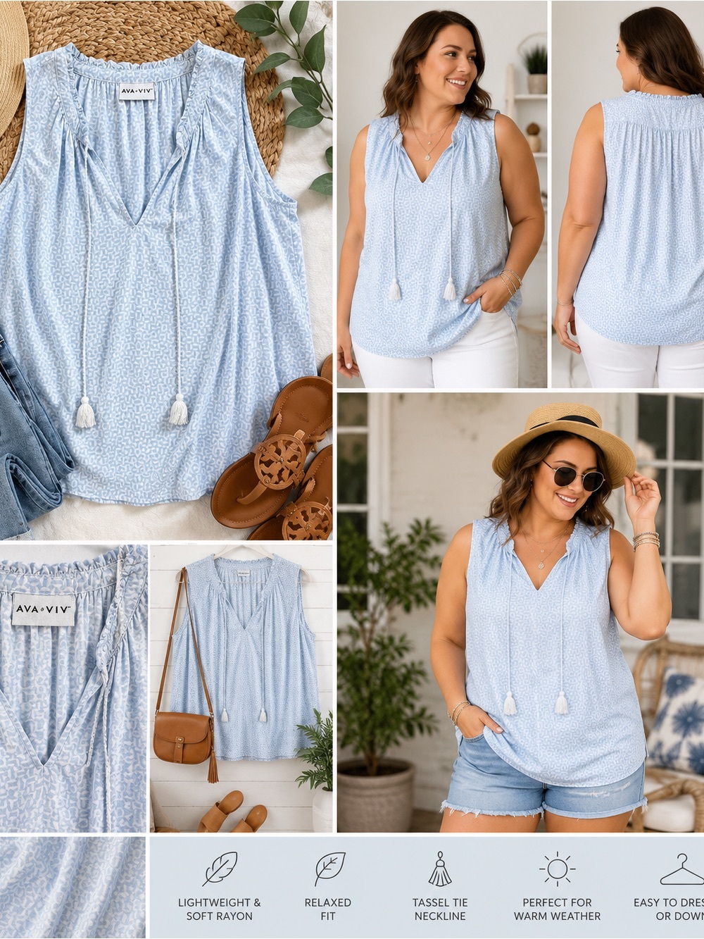Ava & Viv Blouse 3X Sleeveless Blue White Geometric Tassel Tie Boho Coastal Soft